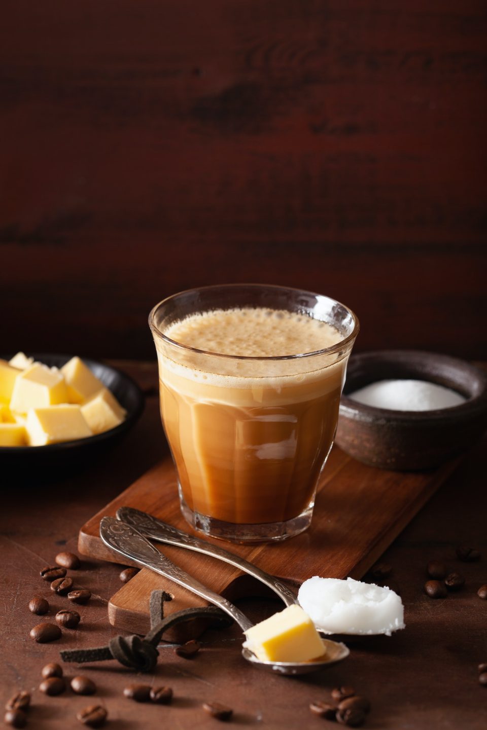bulletproof coffee, keto paleo drink blended with butter and coconut oil